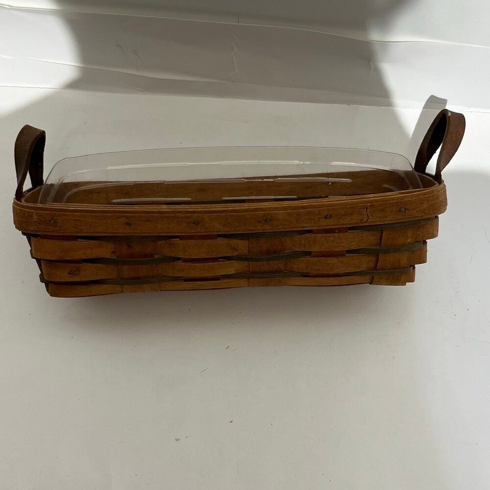Longaberger Brown 2 Leather Handles Plastic Protector Breadstick Basket